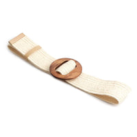 PW Straw Woven Elastic Belt with Wooden Buckle - Beige