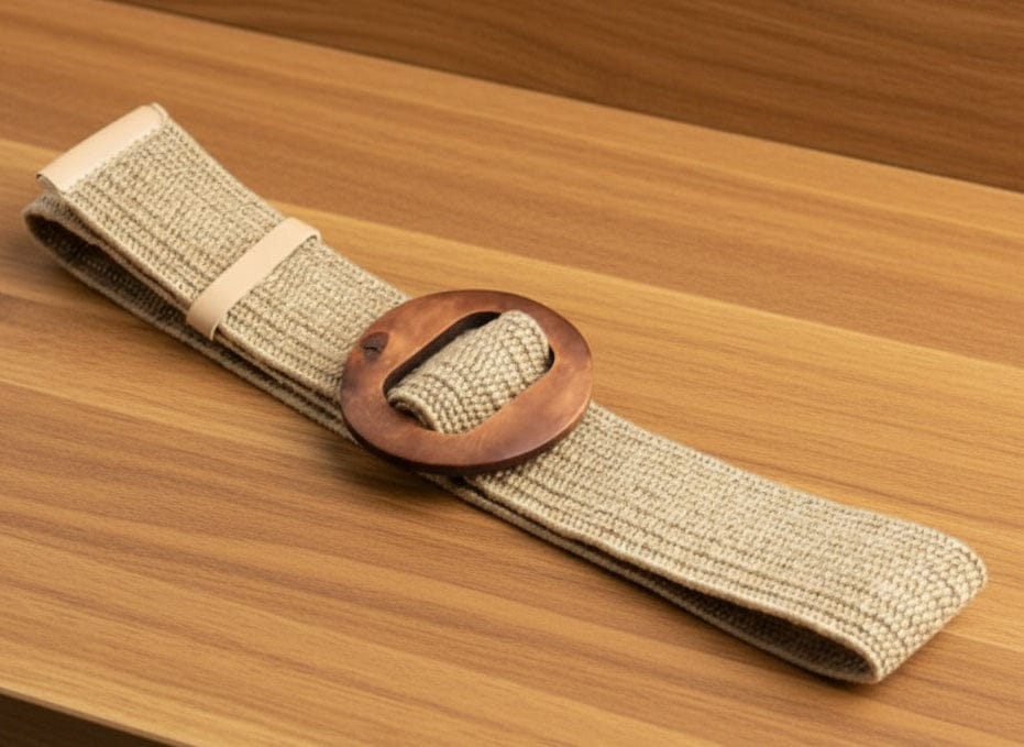 Peter Williams Riding Apparel Braided Belt PW Straw Woven Elastic Belt with Wooden Buckle - Khaki