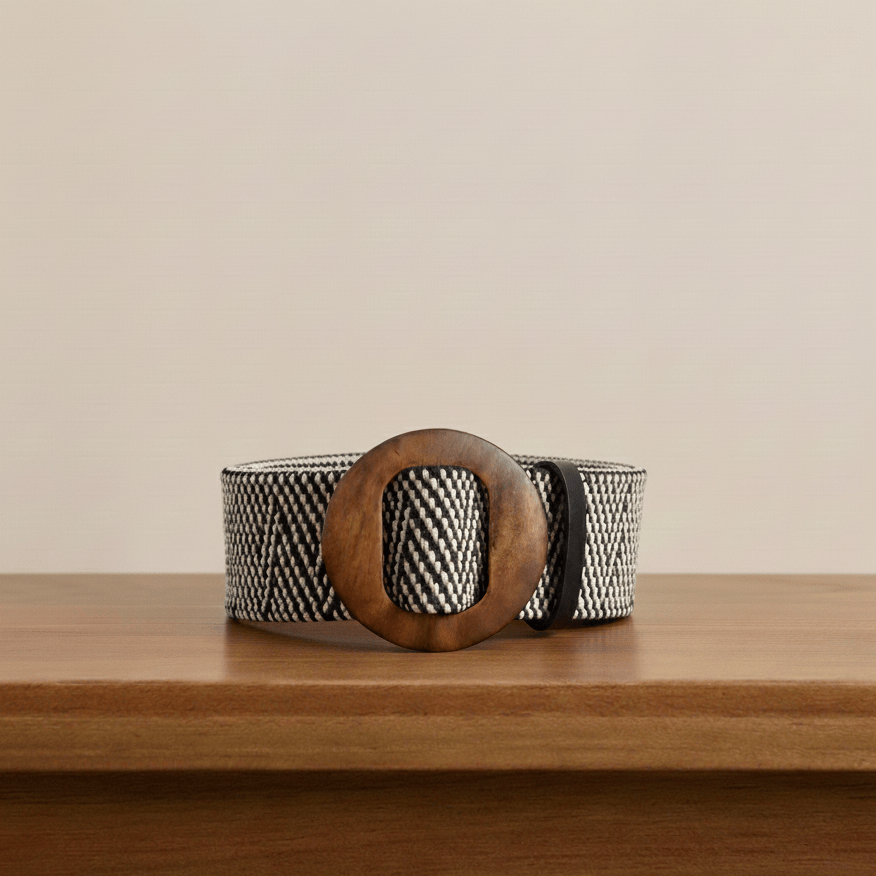 Peter Williams Riding Apparel Braided Belt PW Straw Woven Elastic Belt with Wooden Buckle - Striped