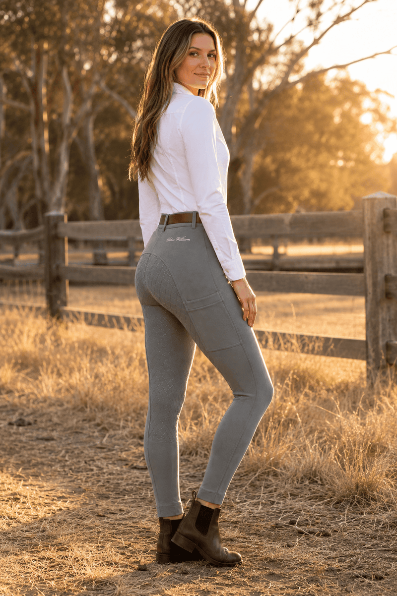 Peter Williams Riding Apparel Horse Riding Jodhpurs Grey Pull On Riding Jodhpurs | Gel Seat & Phone Pocket