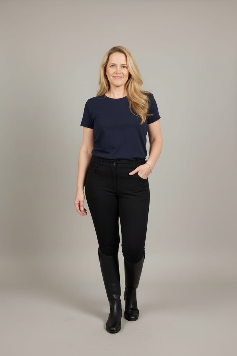 Peter Williams Riding Apparel Horse Riding Jodhpurs Jess - Black Ladies Denim Riding Jodhpurs | Suede Knee