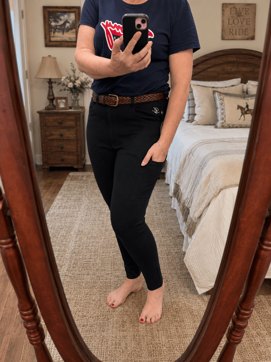 Peter Williams Riding Apparel Horse Riding Jodhpurs Jess - Black Ladies Denim Riding Jodhpurs | Suede Knee