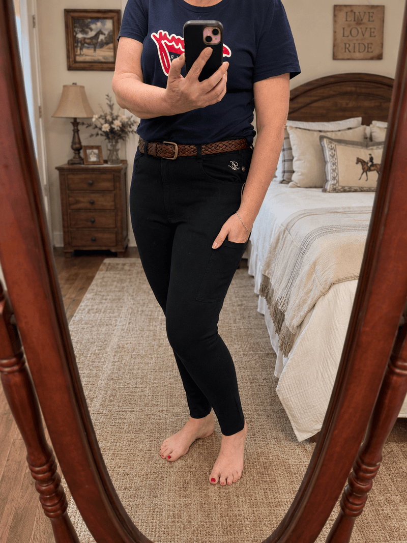 Peter Williams Riding Apparel Horse Riding Jodhpurs Jess - Black Ladies Denim Riding Jodhpurs | Suede Knee