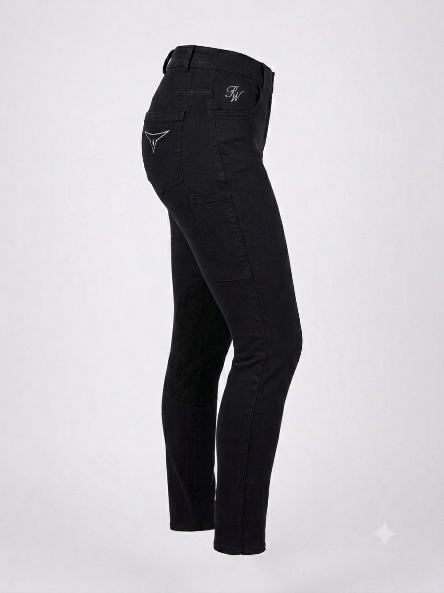 Peter Williams Riding Apparel Horse Riding Jodhpurs Jess - Black Ladies Denim Riding Jodhpurs | Suede Knee