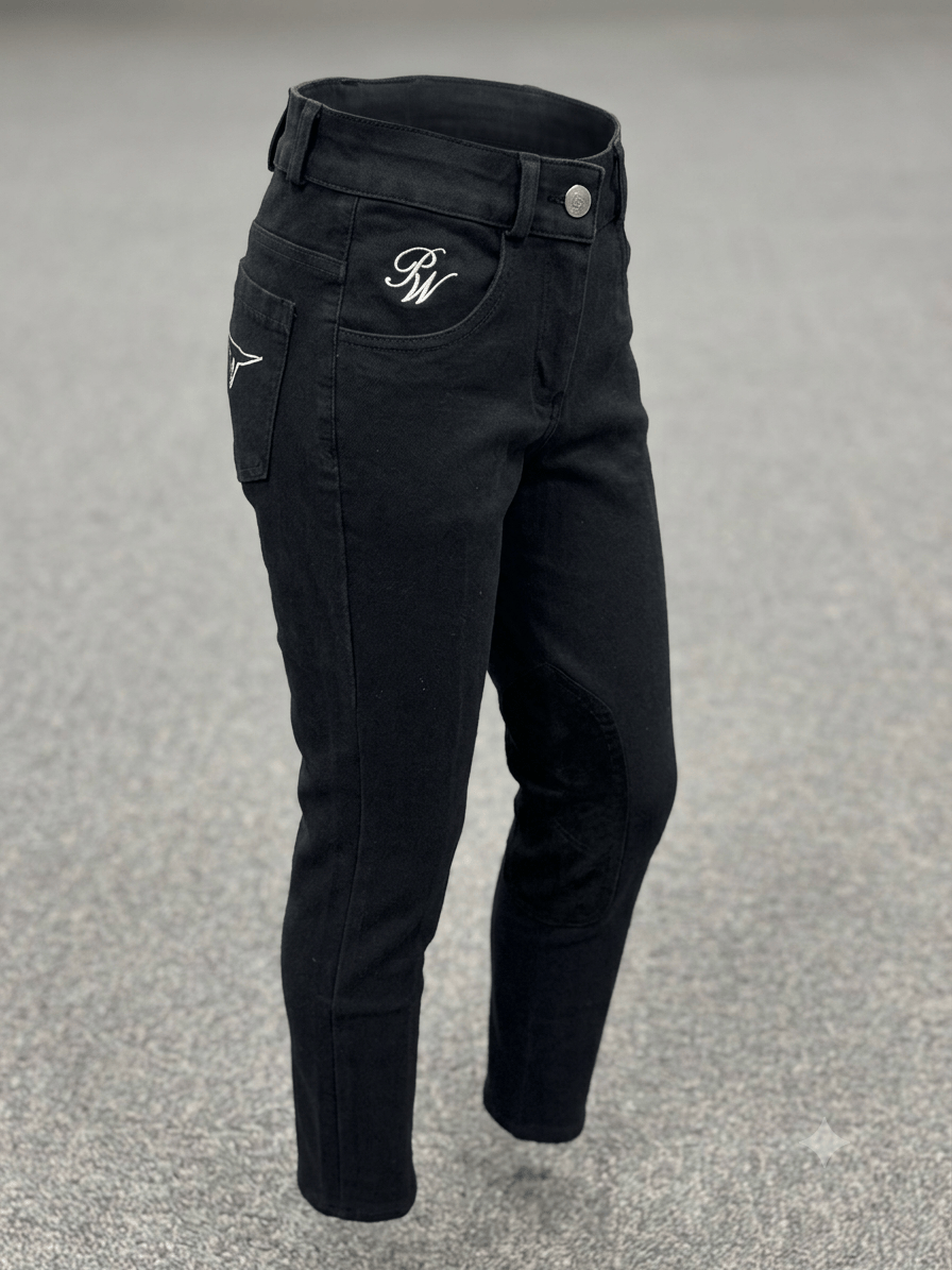 Peter Williams Riding Apparel Horse Riding Jodhpurs Jett - Kids Black Denim Riding Jeans with Suede Knee