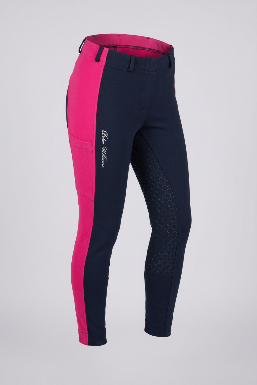 Peter Williams Riding Apparel Horse Riding Jodhpurs Navy & Pink Pull On Riding Jodhpurs | Gel Seat & Phone Pocket