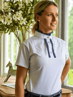 Ladies wearing Ruffle Shirts in Navy