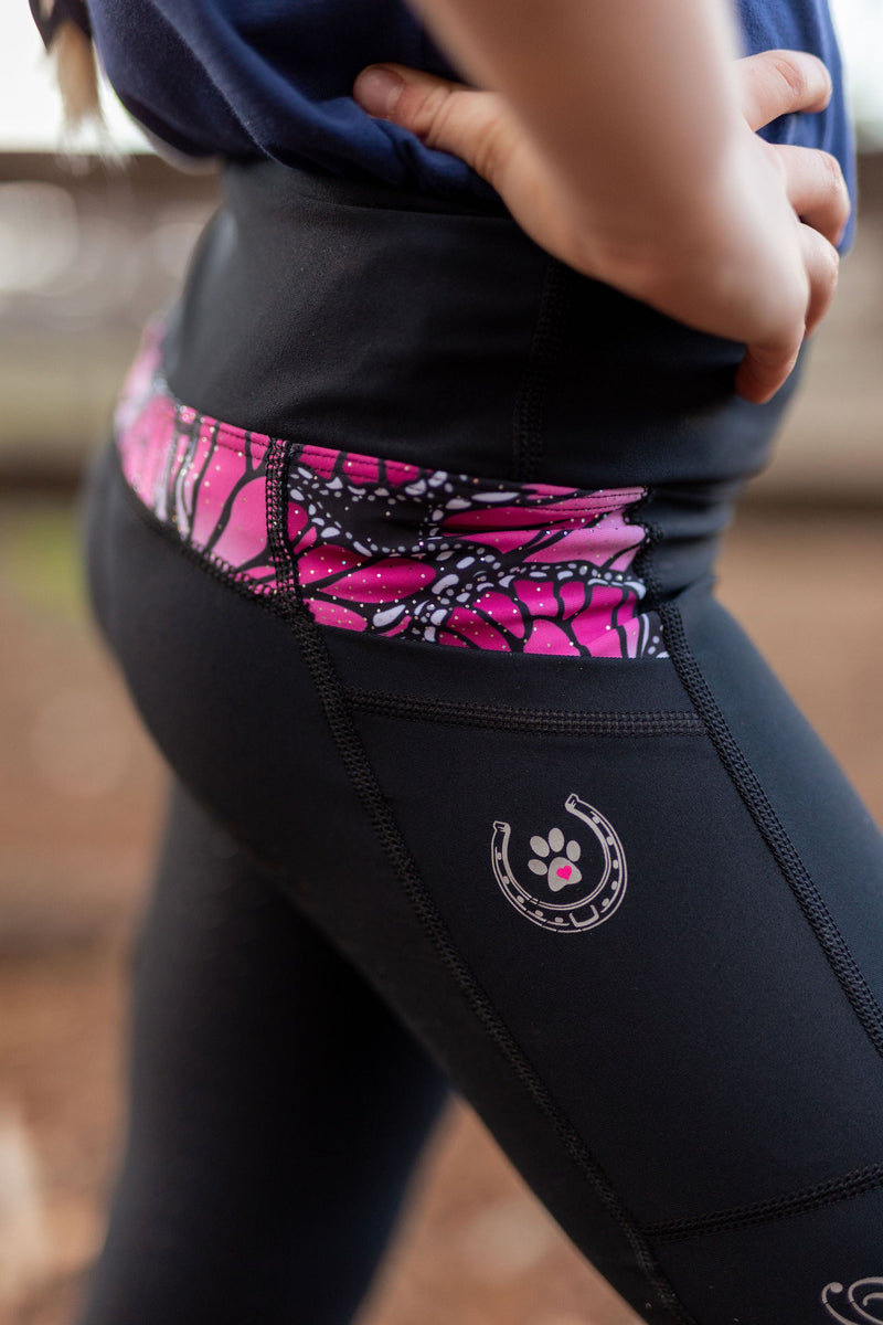 PW Riding Tights - BLACK with PINK BUTTERFLY  - Youth - Peter Williams Riding Apparel
